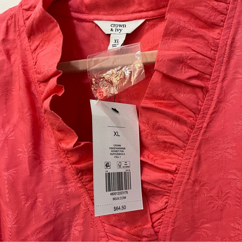 NWT Crown and Ivy ruffle neck coral palm tree blouse size XL - Picture 4 of 7
